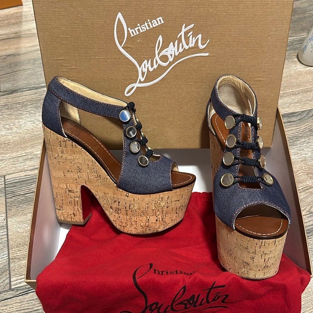 Christian Loubuoutins denim cork bottom wedges